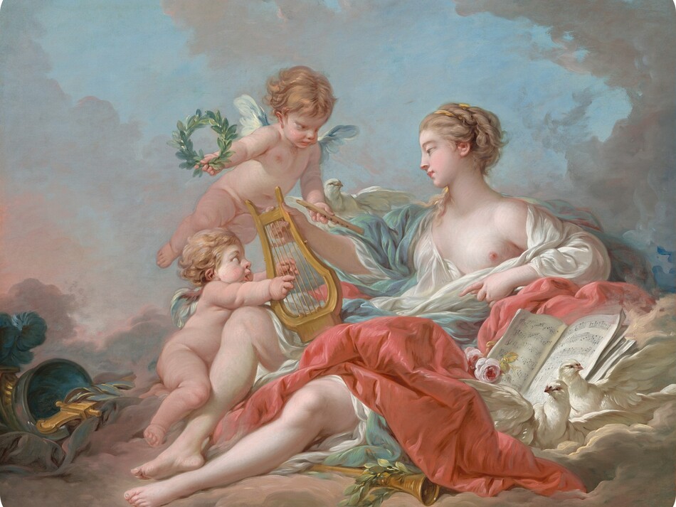 A woman wearing flowing, pastel-colored robes and two, winged, child-like putti gather on a bank of clouds among musical instruments and sheet music in this horizontal painting. The people all have pale, pink-tinged skin. The woman sits to our right of center, facing our left in profile. She has straight nose, a rounded chin, and her small, pink lips are closed. Her ash-blond hair is pulled back under a yellow band. A voluminous white robe falls away over her left shoulder, to our right, to reveal a firm breast and small pink nipple. Sky-blue drapery wraps over her far arm, and deep rose-pink cloth falls across her lap and onto the clouds around her. Her legs extend to our left, her toes pointed. She leans back on her left elbow, closer to us, and points with that index finger to a lyre she props against her knee with her other hand. One chubby, nude putto reaches forward to strum the strings. The other putto hovers above, holding a ring of laurel leaves up in one hand and a flute in the other. Both putti have chubby limbs and torsos, blond curls lifted as if in a breeze, and short, ice-blue wings. Both look at the woman. In the lower left corner, a helmet with a topaz-blue feather and the gold hilt of a sword sit near the woman’s feet. Beneath the woman’s lower leg, at the bottom center of the painting, is a gold horn encircled by another wreath of laurel leaves. Two white doves with wings spread support an open book of sheet music and two pink roses tucked under the woman’s bent elbow. Fog-gray clouds billow up both sides of the scene against a pale blue sky. The clouds on which the trio gathers are parchment brown shaded with mauve pink. The outer corners of the image are white, indicating that the corners of the canvas were rounded. The artist signed and dated the painting in the lower right corner, “F Boucher 1764.”