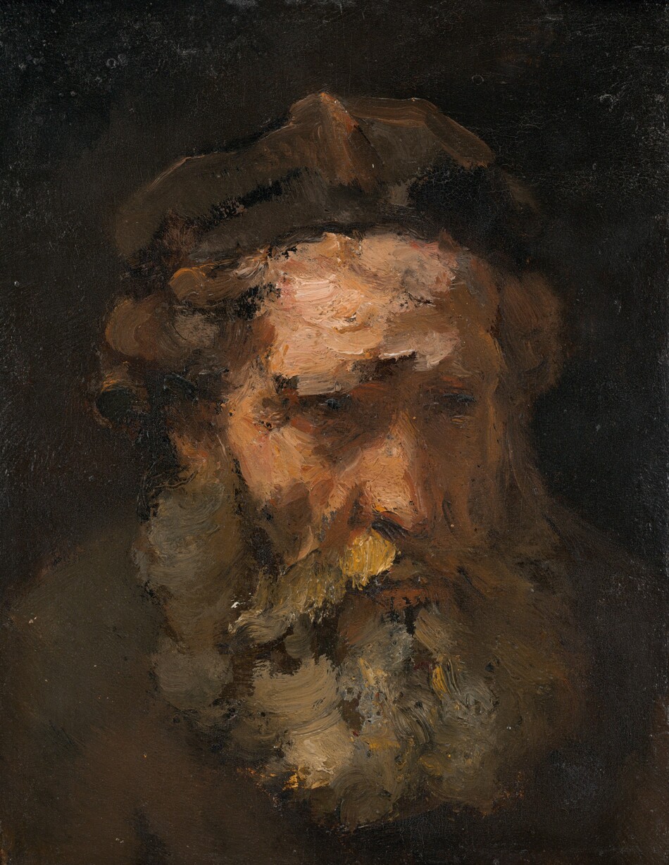 Shown from the shoulders up, the head of a pale-skinned, elderly man with a long beard and short brown hair takes up most of this vertical portrait painting. The man’s face is turned slightly to our right, and his amber eyes gaze in that direction. Thick strokes of taupe, smoke gray, harvest gold, and flecks of black paint form his thick, chest-length beard. Patches of peach, butterscotch yellow, and rust red create his face. Wide squiggles of chestnut and tawny brown suggest short curls under a coffee-brown cap. The loose painting technique blurs his features, and his shoulders are suggested by sloping areas of coffee and chestnut brown below his head. He is lit from our left so the far side of his face is in shadow, and he is set against an earth-brown background.