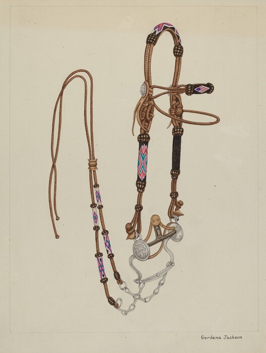 The image displays a detailed horse bridle with a bit attached below it. Earthy tones of brown are complemented by pops of pink, blue, and white. The bridle is centered vertically, with the reins extending to the left and the metallic bit positioned towards the bottom right, connected to metal chains below.