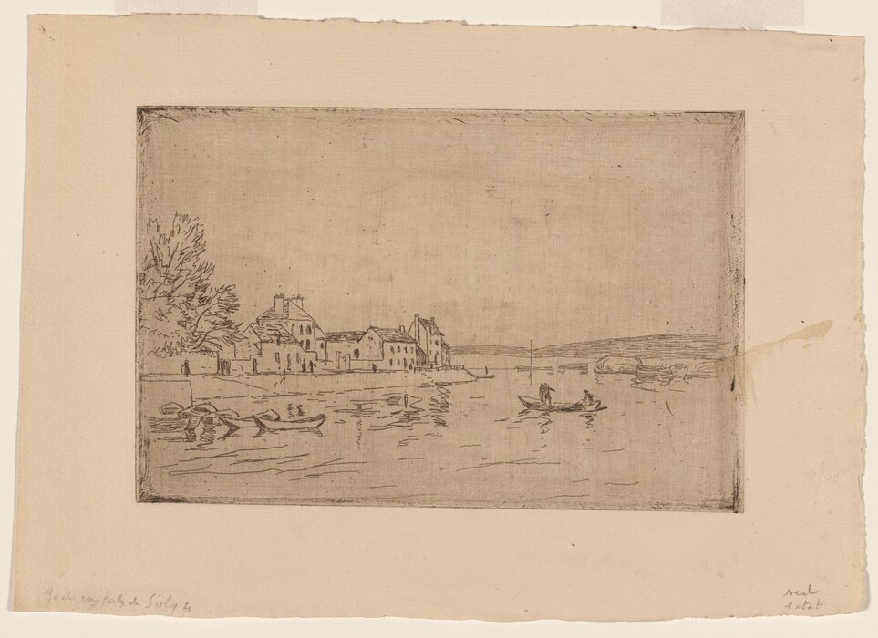 The image shows a waterfront scene with buildings along the left shoreline. There are small boats with figures rowing in the water, one towards the right side. The etching has thin lines outlining buildings, trees, and boats, creating a sketch-like quality. The color palette is monochromatic with a sepia tone. The background extends into the distance on the right side.
