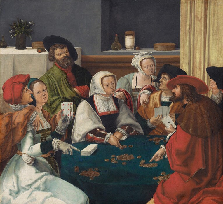 Three women and five men play cards around a round table covered with piles of gold coins in this square painting. The people all have pale skin. The women have round faces, close-set, small eyes, delicate noses and lips, and cleft chins. They wear dresses with tight bodices and long sleeves, and cloth head coverings. The men have prominent, bumped noses, furrowed brows, and lines around their eyes. They wear hats and voluminous robes and coats in shades of ruby red, moss green, golden brown, and black. Two women and two men play cards, and each has a second person behind them or at their shoulders. The woman along the left edge of the painting wears gloves, and she looks out at us. She points at the table or at the space between her and another card player. She holds her cards up so the six of hearts at the front is visible in front of a face card of hearts and a card with spades. A clean-shaven man standing behind her stoops and drapes his arms across her shoulders, one hand limp and gesturing with a three and the other hand cupping the woman’s cards. He looks across the table. The next player is also a woman, who rests one wrist on her face-down cards on the table. She counts out coins with her other hand, and the bearded man behind her stands with one hand tucked into the opening of his robe, leaning back as he looks across the table. Next, a clean-shaven man holds three cards up to his chest as he turns to look to our left, his brows gathered and lips parted. A woman stands between these two players with a hand draped over each of their shoulders. She peers down at the man’s cards and makes a number two with that hand. Her other loose fist rests on the shoulder of the second female card player. The final pair, along the right edge of the painting, are two men. The card player holds his cards so we see the ace of spades at the front. He points at a row of coins or toward the gap left between him and the woman to our left. He leans forward and looks intently, chin jutted out, at the man with his hand tucked into his robe. A man with a long gray beard sits just over the fourth player’s shoulder and appears to look across the scene absently with heavy-lidded eyes. The round table is covered in a teal-blue cloth. A rectangular sideboard in the back left of the room is covered with a white cloth and holds a vase of white flowers, a vessel, a wooden basket, and a piece of fruit. The wall behind this is gray along the top and wood-paneled below. An alcove in the wall to the right holds two vessels, a round gold-colored, plum-sized object, and another basket. A pale yellow curtain is pulled to the right side of that alcove.