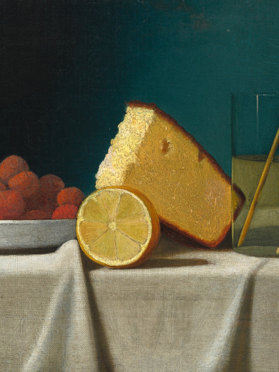 The painting features a large slice of yellow cake, a halved lemon, a glass of pale yellow liquid with a slice of lemon and a straw, and a white plate filled with red raspberries. The objects are placed on a white tablecloth with the raspberries to the left, the lemon and cake in the center, and the glass to the right. The wall behind the objects is a dark blue which fades to black towards the left edge.