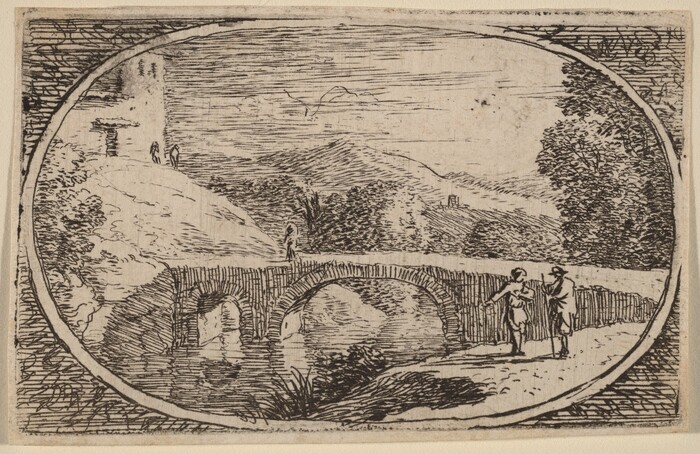 The etching depicts a landscape from a slightly elevated viewpoint. The horizon line is above the center, with distant mountains. An arched stone bridge spans horizontally, reflecting in the water below. Two figures are on the bridge, with detailed clothing. A path on the left leads up a hill, with trees and a tall structure with figures. Lush vegetation surrounds the bridge, with mountains in the background and a sky textured with horizontal lines suggesting clouds. The color palette is monochromatic, in line with the etching technique.