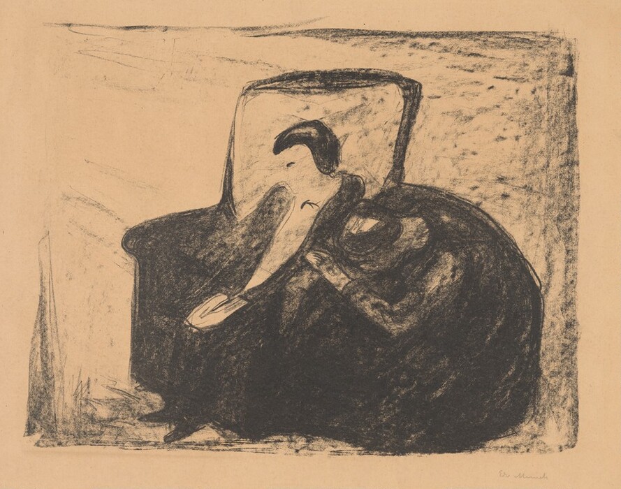 The image shows a person seated sideways on a chair. The body is depicted from the waist up. The face has a profile with a notable nose and chin, and the person has short, dark hair. The clothing is dark and bulky. The background is minimally detailed with textured effects.