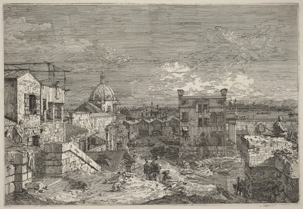 The image shows an architectural scene of a historical European city from an elevated perspective. A prominent dome rises above the rooftops in the distance, alongside a horizon barely visible above rooftops and hills or mountains. The scene is detailed with fine lines in an etching style, giving it a textured appearance. It is primarily monochromatic, with shades of gray and black. There are figures, architectural ruins, dilapidated buildings, canals, and boats navigating waterways. The sky is detailed with lined textures indicating clouds and atmospheric effects.