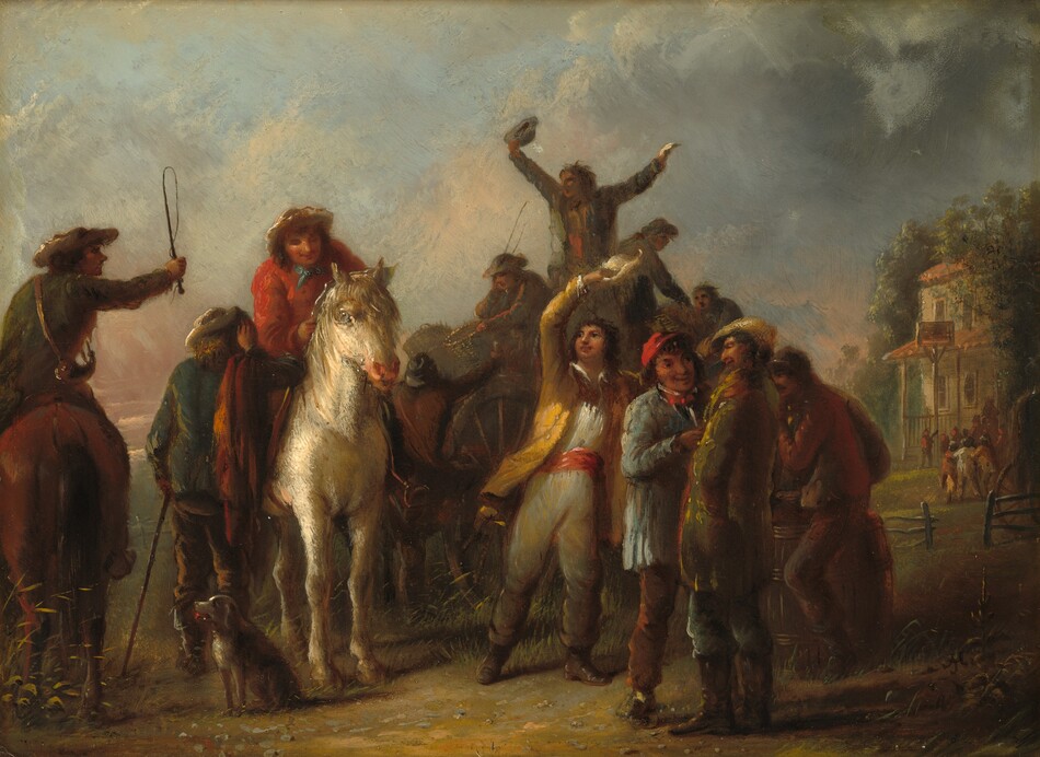 Twelve people standing and on horseback talk and gesticulate in a tight group around a wagon outside a house in this horizontal painting. The scene is loosely painted and in darker tones so some details are difficult to make out. The people all appear to be men and have light- or medium-toned skin. In the group close to us, on the far left, a man wearing an olive-green jacket, a brimmed hat with a flat crown, and a curving horn hanging from a strap across his back sits on a brown horse that faces away from us. The rider leans to the right and raises a whip in that hand. The next man stands facing away from us, wearing a pale hat, teal-green jacket, and brown pants. One hand rests on a cane and the other is held up, perhaps to hide his face. He stands next to a white horse with a rider wearing a red shirt and brimmed hat. Facing us, the rider smiles as he leans forward to read a paper braced against the horse’s mane. A brown dog with white markings on its forehead and chest sits on the ground between the two horses, facing the horse on the left.  To our right of the white horse, a standing man wears a gold-colored, thigh-length coat that flutters open over an open-necked white shirt. A red sash is tied around his waist, and he wears silvery-white pants and brown boots. He leans his weight onto one foot and holds up a paper with his other hand. In front of him and a little further to our right, two standing men talk. The first in this pair faces us with his feet widely planted, wearing a light blue jacket and red cap. He smiles up toward a taller companion, who smiles back. The second man in this pair wears an olive-green, thigh-length coat and white cap. One hand is planted on his hip, so his elbow points toward us. To our right and farther back a man in a brick-red jacket sits astride a barrel, facing toward the center. Behind the groups described, four men sit or stand on a wagon so they appear above the people standing on the ground. A fifth man next to the wagon reaches for or hands up a basket to another. Beyond these groups and on the far right, a low wooden fence opens into a yard with a sign on a tall post in front of a house a short distance away. At least three brown-skinned people wearing white, tan, and muted brown stand together in the yard and more people may be gathered closer to the house. Some pebbles and tufts of grass are spaced across the dirt ground underfoot, and clouds above are shaded with faint gray or pale, shell peach against a blue sky. The artist signed the painting with the letters AJM overlapping in a monogram in the lower right corner.