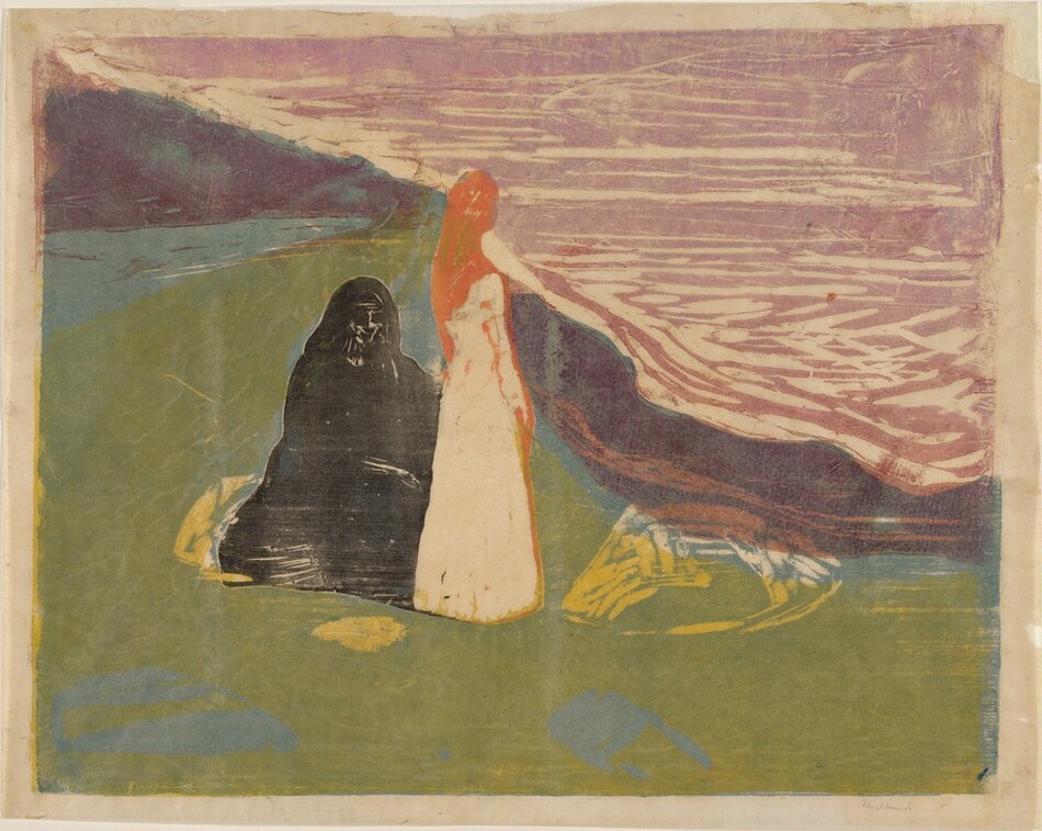 The image features curved and flowing lines in a blend of muted and vibrant colors. Two figures are depicted: one cloaked in a dark shadow and the other elongated with pale, flowing robes. The scene suggests a shoreline with wavy lines resembling water. The surrounding landscape portrays sweeping curves and indistinct shapes reminiscent of hills or mountains in the distance.