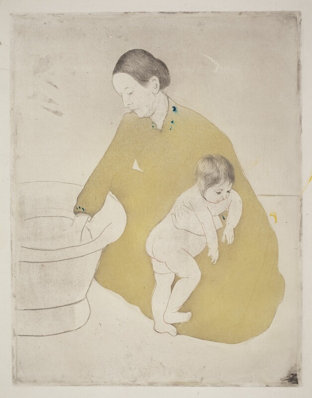 A woman kneels to test the water in a freestanding bathtub with one hand as she braces a nude child against her knee with the other in this vertical, colored print. The skin of both the woman and baby are the white of the paper. Their facial features and bodies are outlined with light brown, and their hair drawn in with faint black lines. The woman’s hair is pulled back from a high forehead, and she has a straight nose, pursed lips, and a slight double chin. Her long-sleeved, floor-length dress is a flat area of straw yellow. A few touches of teal blue near the neckline appear to have run into the surrounding ink. The baby turns toward the woman’s body and hangs their arms over her bracing hand. The baby has short, wispy, black hair with delicate facial features, a rotund belly, and satisfyingly pudgy rolls on the legs. The tub and the corner where the floor meets the wall are drawn in with brown lines. There are some smudges across the paper, especially at the edges.
