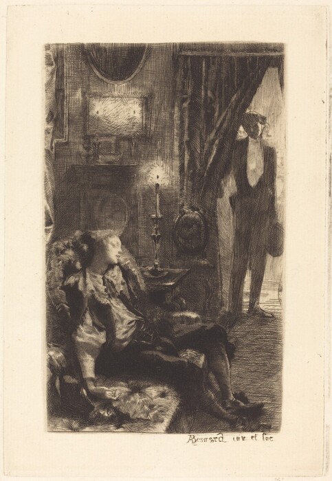 The image shows two individuals. In the foreground, a person is seated in an armchair. They have a youthful face, light-colored wavy hair, and wear historical clothing. There is a candle on a table beside them. In the background, another person stands in a doorway wearing a formal suit and holding a hat. The room is detailed with a mirror or picture on the wall, framed artworks, and heavy drapery. The lighting is provided by the candle.