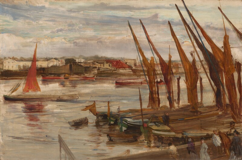 We look slightly down onto and across a wide, boat-filled river under a cloudy sky at the far bank, which is lined with buildings, in this loosely painted, horizontal landscape. Four long, wooden boats are pulled up side-by-side to our right, so most of their prows are cropped by the right edge of the composition. Their amber-brown sails are tied up to the vertical masts and angled spars, which create a row of diagonal lines jutting into the painting from the right edge. The boats’ sterns are painted moss green, and the boat farthest from us has what could be a small dingy tethered off the back end. Several ghostly men and women stand below us, in the lower right corner, on a pecan-brown walkway low to the water. We can see through the people so the details are indistinct, but they all seem to look away from us except one person who looks our way, indicated with a touch of peach for a face. They wear long gowns and jackets or baggy shirts and trousers in tones of plum purple, caramel brown, light blue, or charcoal gray. In the middle of the river, a long, thin boat with a narrow, scarlet-red sail has drifted past them toward the left side of the composition. Two long strokes of cranberry red suggest more vessels on the water closer to the opposite shore. Low buildings painted in fawn and coffee brown, cherry red, cream, and tan line the far bank. The buildings become indistinct and fainter as they angle away from us into the distance. Bands of off-white clouds, some frothy and some wispy, fill the upper half of the painting. The sky is otherwise washed with violet purple, slate gray, and aquamarine blue. The river’s surface is smeared with the reflections of the sky, buildings, and boats.
