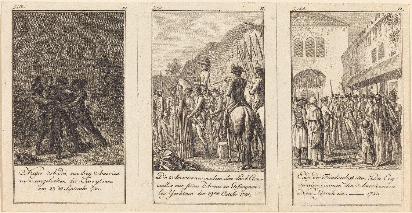 This is a drawing of three historical scenes. The first scene depicts a group of individuals involved in a confrontation in a wooded area. The middle scene shows soldiers with rifles and bayonets under a mountainous backdrop. The final scene showcases a formal gathering in an urban setting with people standing in lines, some holding banners or flags. Each panel contains text providing context to the narrative.