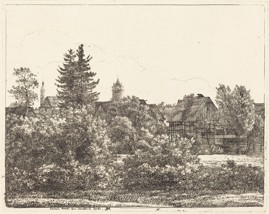 The image is a black and white etching depicting old buildings surrounded by trees. Steeples and a tower peek above the tree line. The etching technique is detailed with precise lines creating texture. The scene has a monochromatic color palette. The foreground shows grass and bushes, leading to European-style buildings. The sky is mostly clear with faint cloud outlines.
