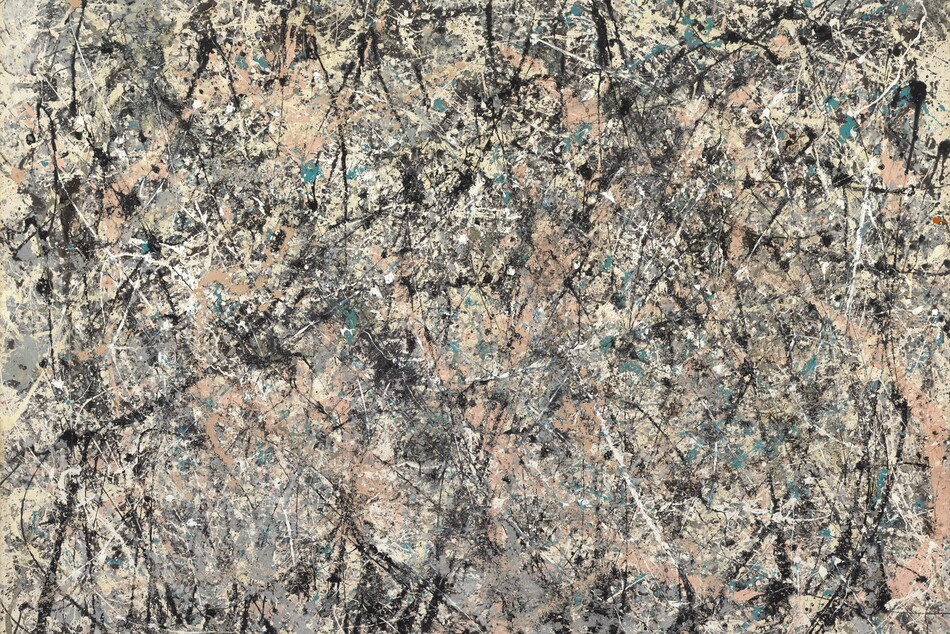 Densely spaced lines and splatters in black, white, pale salmon pink, teal, and steel gray crisscross a rectangular cream-colored canvas in this abstract horizontal painting. The lines move in every direction. Most are straight but some curve slightly. The density eases a bit near the edges. Two sets of ghostly white handprints are visible at the upper corners. The artist signed and dated the painting in black paint in the lower left corner: “Jackson Pollock ’50.”