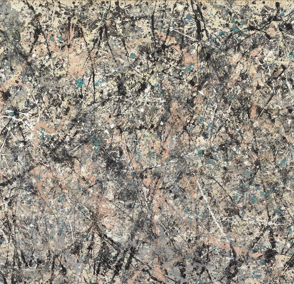 Densely spaced lines and splatters in black, white, pale salmon pink, teal, and steel gray crisscross a rectangular cream-colored canvas in this abstract horizontal painting. The lines move in every direction. Most are straight but some curve slightly. The density eases a bit near the edges. Two sets of ghostly white handprints are visible at the upper corners. The artist signed and dated the painting in black paint in the lower left corner: “Jackson Pollock ’50.”