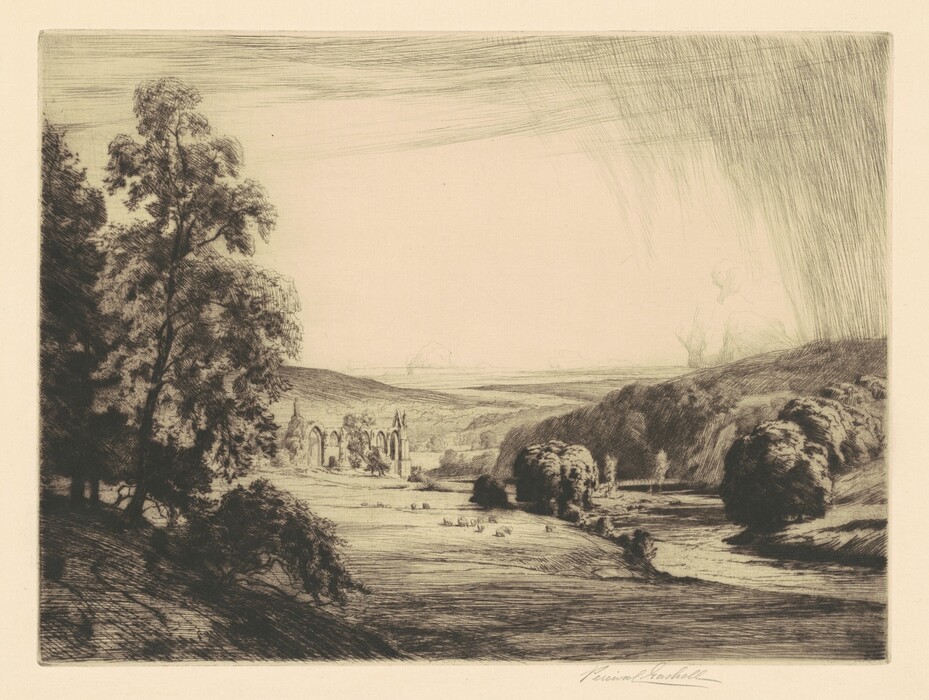 The image shows a landscape with trees on the left leading to ancient ruins in the center against a hillside backdrop. Hills and fields extend into the distance. The scene is depicted with detailed brushstrokes and etching lines, with a color palette leaning towards sepia tones.