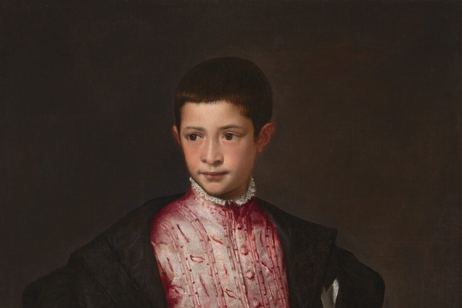 Shown from the hips up, a young boy with pale, peachy skin wears a voluminous, black cloak that nearly falls off his shoulders over a rose-pink tunic, with a sword hanging from one hip in this vertical portrait painting. His body is angled slightly to our right, and he looks off to our left with dark brown eyes under gently arched brows. He has a wide nose, and his pink lips are closed with the corners pulled slightly back. His skin is smooth and his cheeks slightly flushed. His dark brown hair is cut close and comes to a point in front of his ears. His tunic is painted with dusky pink highlights against wine-red to suggest a sheen across a vertically striped, leafy pattern. The garment has a high neck lined with a white ruffle and has a row of buttons down the front. His black coat has wide lapels that reach beyond his shoulders, and the puffy sleeves gather on his arms. The coat has a silvery-white cross over the chest to our right. The left and right arms of the cross are lost in the folds but the arms at the top and bottom are forked at the ends. The boy’s pine-green belt is edged with gold, and the hilt of the sword is angled toward us on his left hip, to our right. He holds one fawn-brown glove in his right hand, to our left, and his other arm disappears behind the folds of his coat. The background is deep olive green, almost brown. The artist signed the painting with dark paint near the right edge of the canvas near the boy’s shoulder, “TITANVS F.”