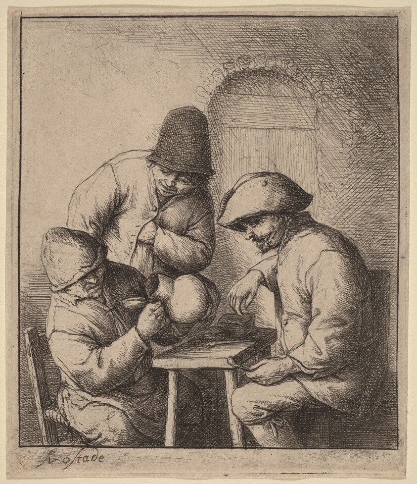 Three Peasants at an Inn, One Looking Down a Jug