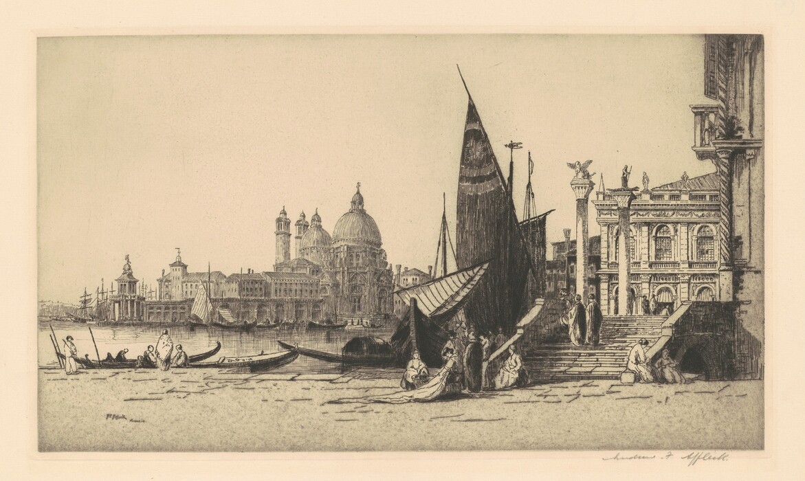 The image shows a detailed Venetian scene depicted from a low perspective near the waterline. The horizon is low, displaying the grand architecture and bustling activity along the canal. In the background, there is a domed structure and other elegant buildings with towers and statues. The style is intricate with precise line work, suggesting it may be an etching or engraving. The color palette is monochromatic with sepia tones, giving the scene an antique appearance. A gondola with figures is seen on the water, alongside larger boats docked with people engaged in various activities. On the right, steps lead from the water to a building where more figures are ascending, contributing to the historical ambiance of the image.