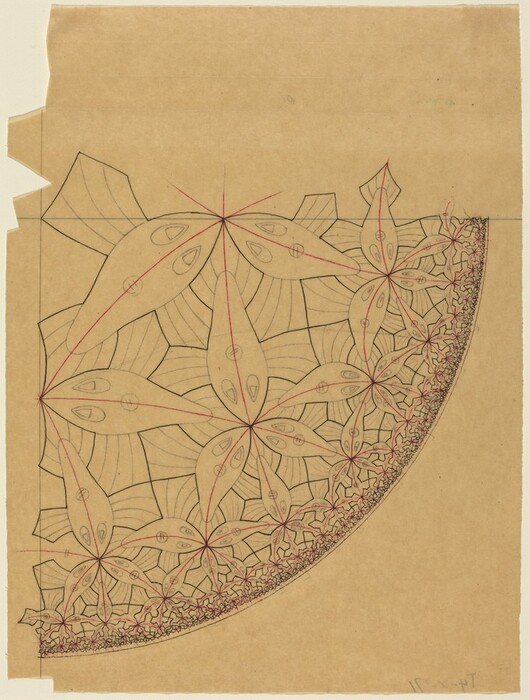 The image features intersecting lines and shapes arranged in a semicircular pattern. The dominant shapes resemble elongated ellipses or pointed leaves radiating from central points, outlined with black and red lines that converge at these focal points. These abstract forms are bordered by smaller, intricate patterns. The design evokes a sense of kaleidoscopic repetition.