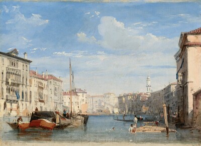 “The Grand Canal”. We look across a sun-drenched canal lined with boats and cream-white buildings under a vivid blue sky in this horizontal landscape painting.