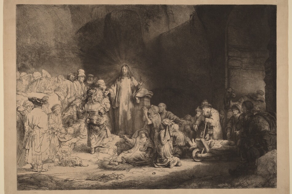 Printed with black lines and deep, velvety shading on tan-colored paper, a man, Jesus, stands at the center of a crowd of more than two dozen people, mostly adults and a few children, in this horizontal etching and drypoint. Jesus is left of center. He stands facing us, but he turns his head to look to our left. Rays of light emanate from behind his head against the towering cave opening that surrounds him. His curly hair falls long over his shoulders, and he holds both hands out. His eyes are lightly incised, giving them an almost blurred look. A crowd of people lie or kneel to our right. Some use crutches or walking sticks, and some are on carts. All the people appear to have pale skin except for one with darker-toned skin to the right in this gathering. That person has a rounded nose, full lips, and wears an earring that gleams brightly in the deep shadows. A camel stands at the far side of this group under an arched opening. The people standing and one person sitting close to Jesus to the left are fully shaded, and those farther left are lightly outlined and sparsely shaded so they appear to be much lighter on the white paper. Close to Jesus are a woman holding a baby, a seated, clean-shaven young man, and several bearded men. Most of those who are along the left edge of the sheet wear turbans or floppy caps.