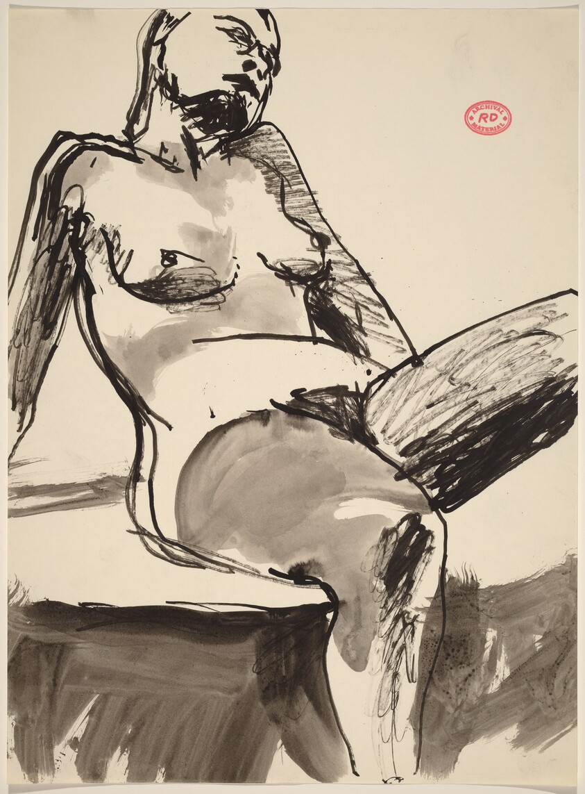 Untitled [female nude in stockings seated and leaning back]