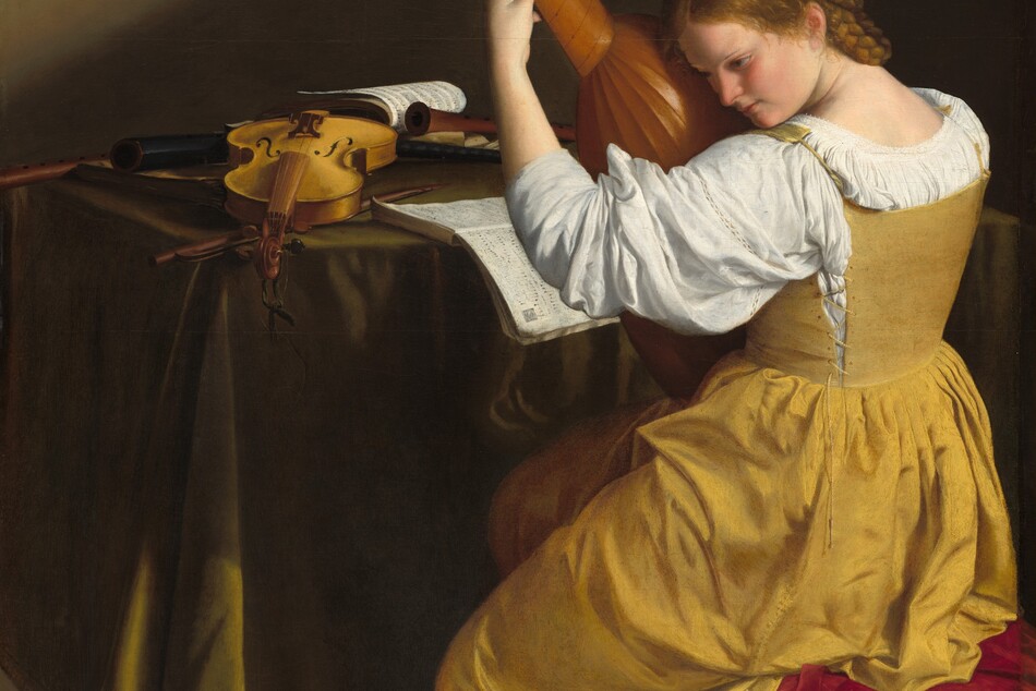 Facing away from us, a young woman with pale skin, wearing a golden yellow gown, leans her head down toward the lute she holds nearly upright in her lap in this horizontal painting. She sits near the right edge of the painting so her body faces the table beyond her, to our left. Her body is angled away from us but she turns her head so we see her in profile, facing our left. She tips her head to put her ear next to the lute, and she looks down and off to our left with brown eyes under thin, slightly arched brows. She has a straight nose, smooth, flushed cheeks, and her coral-pink lips are closed. Her dark blond hair is parted down the middle and pulled back under long braids looped around the back and over the top of her head. Light reflects off her hair and off the short, loose strands near the ear we can see. Her long yellow dress has a full skirt. The stiff bodice is laced up the sides and hooks over the shoulders, over a voluminous, bright white blouse. The sleeve we can see is pushed up over her forearm. Her seat is draped in crimson-red, velvety fabric. She holds the neck of the lute up high with her left hand, her fingers pressing the strings, so she brings the rounded body of the instrument up to her ear. In front of her, the table is draped with fringed, olive-green fabric. A violin made with blond wood lies on the table with the neck stretching toward us. There is also the violin bow and at least three wooden recorders on the table. One book of music is open so the pages fall over the edge of the table, near the woman. One other book of music at the back of the table is held open with a recorder. The feet of the table and the ankles of the woman are cut off by the bottom edge of the painting. The background is dark, earth brown except for a diagonal shaft of light across the top left corner of the composition, presumably from a high window in the wall out of our view.