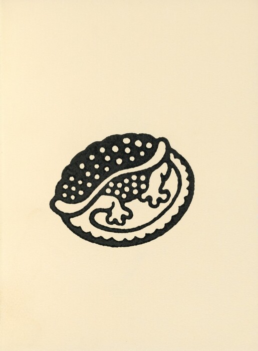 The image is a circular shape with bold, black lines forming a wavy edge. Inside, there are rounded forms and dotted patterns creating an abstract design. The overall appearance is reminiscent of a stylized turtle or patterned shell, enhanced by negative space and curved lines.