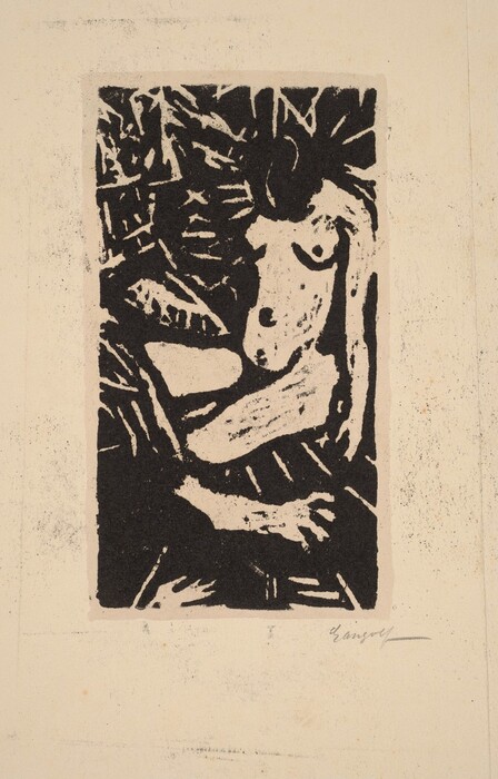 The image is a black and white print depicting a stylized nude female figure. The person is shown sitting with legs bent and one arm across the chest. The face features abstract lines for eyes and mouth, with dark hair above the head. The figure is nude with no clothing or accessories. The background includes stylized foliage or patterns. The print is centered with the artist's signature in the bottom right corner.
