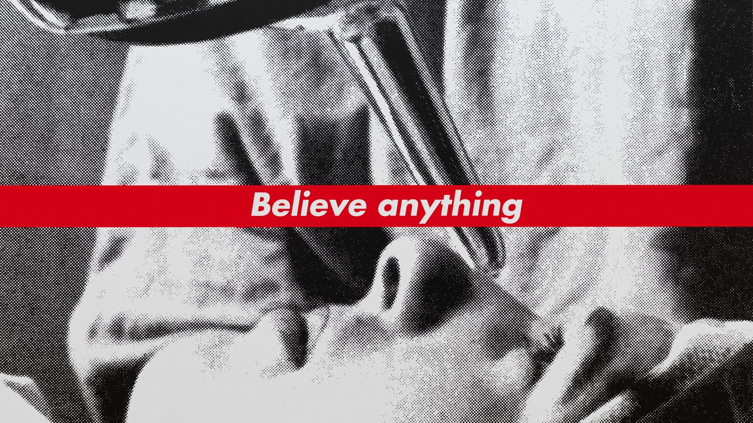 A grainy black and white photograph showing a close-up of a woman’s profile is overlaid with three horizontal red bands with white text at the top, center, and bottom edges of this horizontal composition. The woman seems to lie down and look up at a metal instrument, perhaps a piece of medical equipment, with a long, eye-dropper-like tube extending close to her face. Her cheeks and profile appear between the central and bottom bands of text. Lit from our left, she has dark eyebrows and eyelashes, a straight nose, and her lips are closed. She seems to have pale skin and her hair is covered by a fold of fabric, perhaps a hat. The eye we see is open and the metal instrument points to the bridge of her nose, seeming to close in on her right eye. Light colored fabric behind her could be the uniform of a person standing opposite us. The red bands have white lettering saying, “Know nothing” across the top; “Believe anything” across the center; and “Forget everything” across the bottom.