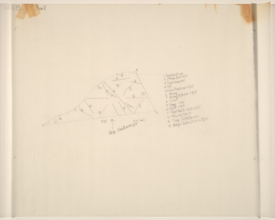 This is a geometrical diagram with annotations. It features straight and curved lines forming an irregular shape, potentially representing a plan or section. There are numbers and labels within these shapes. To the right, there is a list of components with accompanying notations. The drawing seems to be a technical or architectural sketch with numerical annotations for measurements or instructions. The composition is precise and neat. Light discoloration is visible at the top corners.