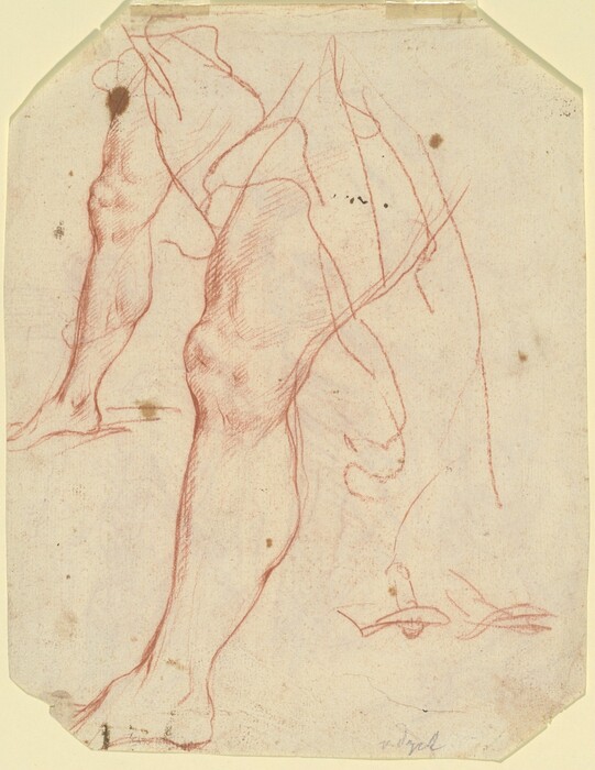 The image is a sketch focusing on the human body, specifically detailed studies of a person's legs from mid-thigh to feet. The legs are depicted in a bent position, hinting at a dynamic pose, possibly in motion or a stepping action. Facial features and hair are not included in the drawing, solely presenting the leg structures. The image omits details regarding clothing or materials around the legs, maintaining focus on the raw anatomical form. There are no jewelry or objects in the visible section of the body. The background is a plain surface without intricate designs, emphasizing the anatomy study.