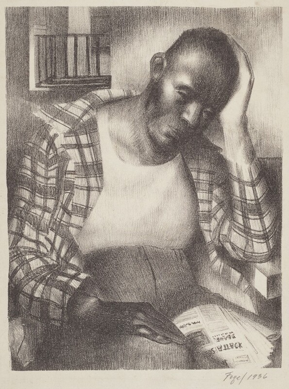 Printed with blended shading in tones of gray and black, a clean-shaven Black man sits with a newspaper resting in his lap and his head in one hand in this vertical lithograph. The man’s body is slightly angled to our right, and he looks down in that direction with deeply shadowed, hooded eyes. His nose has a wide, straight bridge. He has high cheekbones, and his lips are closed in a line. He wears a plaid button-down open over a white undershirt, which is tucked into high-waisted pants. One word on the folded newspaper is legible: “Attack.” His elbow rests on the edge of a table to our right, and a wall immediately behind the man fills the right two-thirds of the background. The room beyond opens onto a staircase or landing with a railing. The artist signed and dated the print in the lower margin under the right corner of the image: “Fogel 1936.”