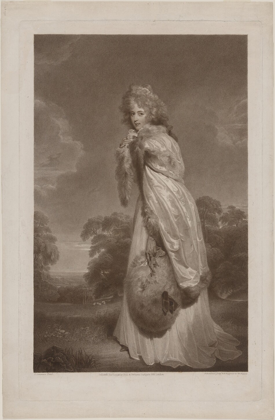 The image shows a person standing outdoors on a grassy area. The person is turned slightly to the side with their head facing the viewer. They have soft facial features framed by curly hair styled in a voluminous manner, with some curls resting on their forehead. The person is wearing an elegant, long flowing dress with a luxurious fur-trimmed wrap draped around the shoulders. They are holding a large, round fur muff with their gloved hands. The background shows a serene landscape with clusters of trees and a distant horizon under a subtly clouded sky.