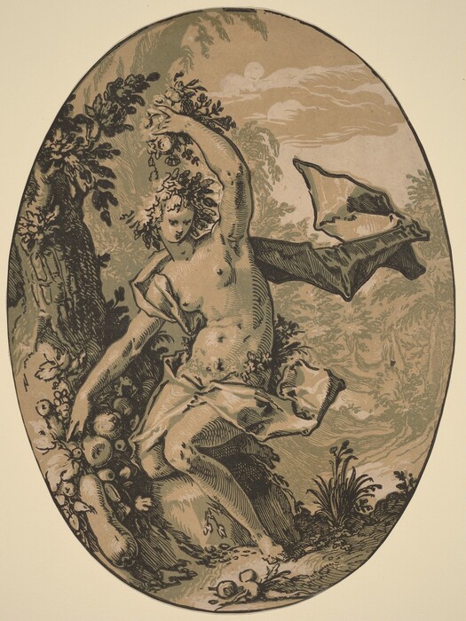 The image shows an oval composition filled with intricate lines and forms. The arrangement of curves and flowing lines give it an abstract quality. A central figure appears to be in motion. Surrounding the central figure are rounded objects resembling fruits and leafy patterns suggesting a lush environment.
