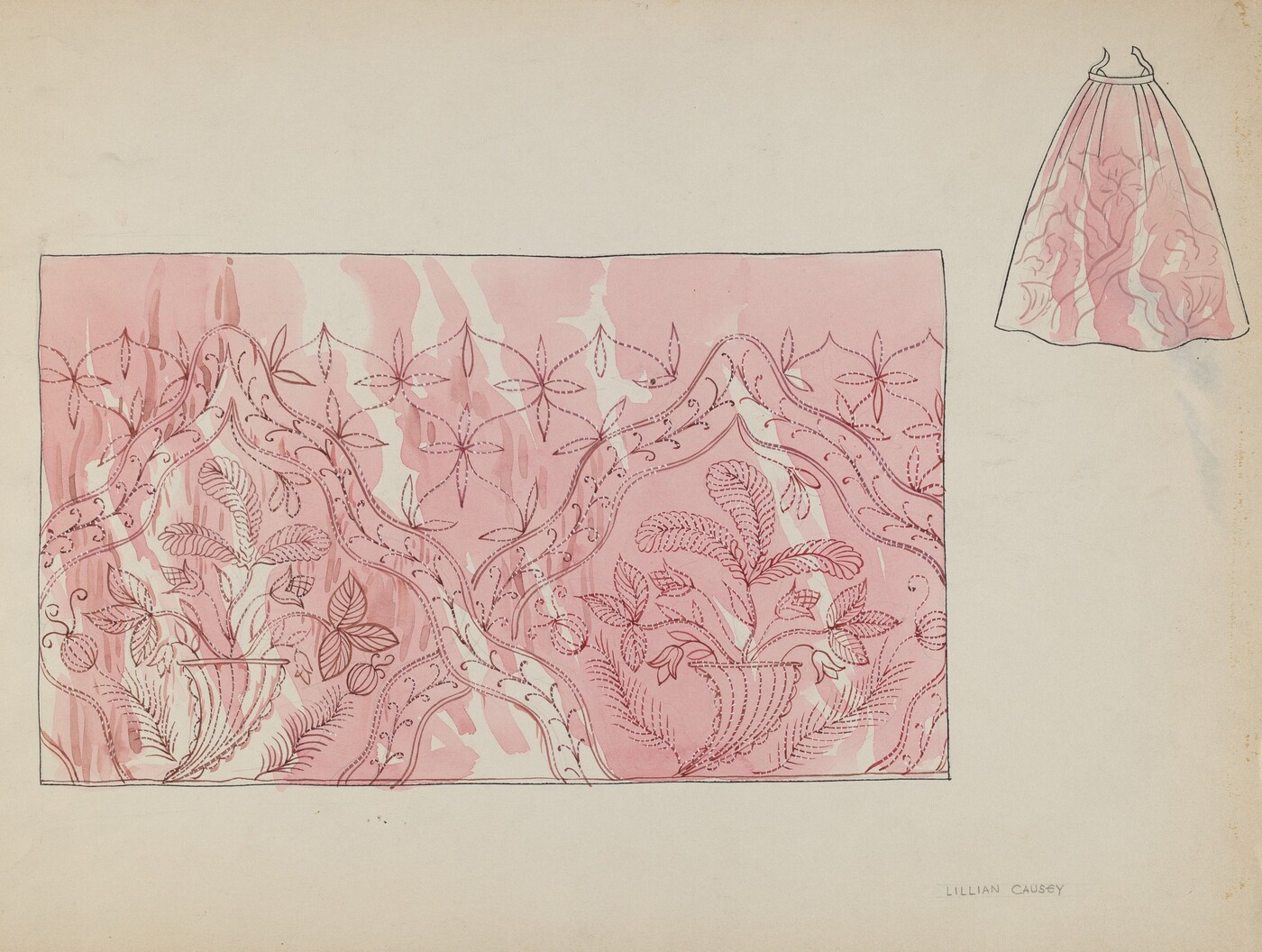 This is a drawing of a design pattern. The drawing shows an intricate pink lace pattern with floral motifs and flowing lines. The central part of the drawing features a rectangular section filled with stylized flowers, leaves, and swirling forms resembling lace fabric. The pink color varies in intensity within the design. In the top right corner, there is a small sketch of a skirt, suggesting the use of the lace pattern for clothing. The drawing is detailed and has an airy and graceful aesthetic.