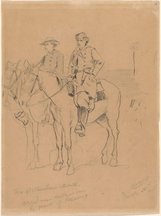 The image depicts a sketch of two men mounted on horses. Both men are seated upright and visible from the waist up. The man on the left wears a wide-brimmed hat and a mustache, while the man on the right wears a side cap and a clean-shaven face. They both wear military-style uniforms with double-breasted coats. The sketch is set against a plain background with faint outlines suggesting terrain, and there are handwritten notes at the bottom of the image.