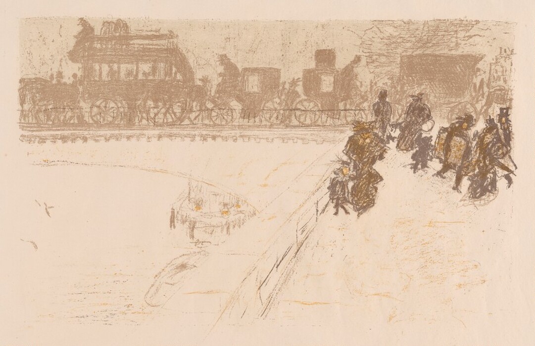 The image shows a street scene from an overhead perspective. People are walking on a curving road, with a line of horse-drawn carriages in the background. The brushstrokes are loose and sketchy, creating an impressionistic quality. The color palette is muted with soft browns, tans, and hints of yellow, depicting light and shadow. Figures are sketched with quick strokes, emphasizing movement and busyness in the scene. Individual details are minimal, focusing on collective motion.