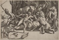 Five Men Fighting Beasts, Master of the Die after Giulio Romano, 1532