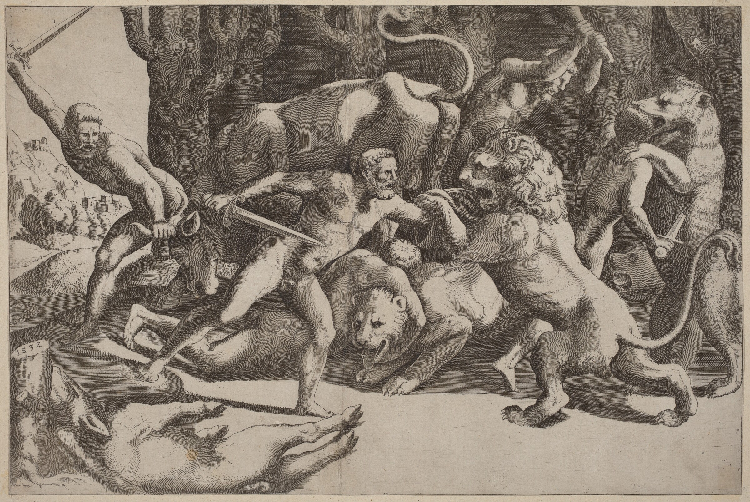 Five Men Fighting Beasts, Master of the Die after Giulio Romano, 1532