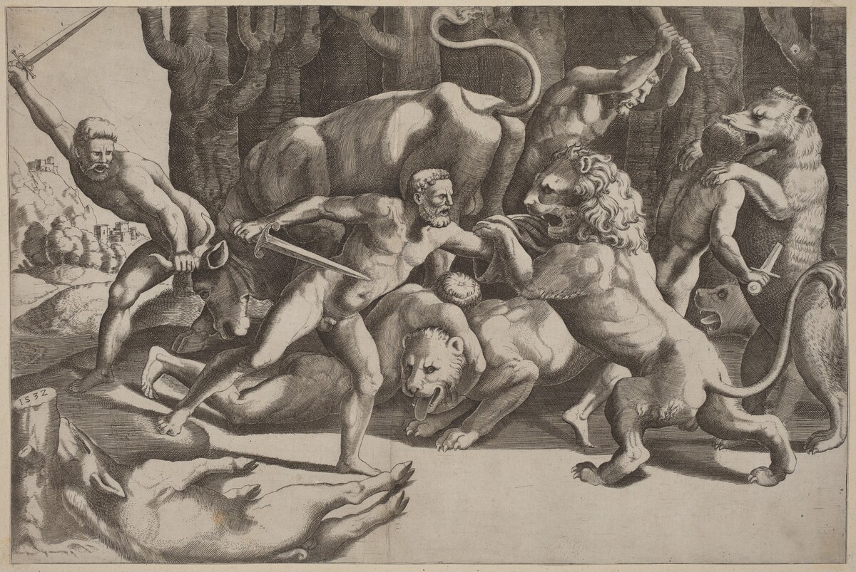 Five Men Fighting Beasts