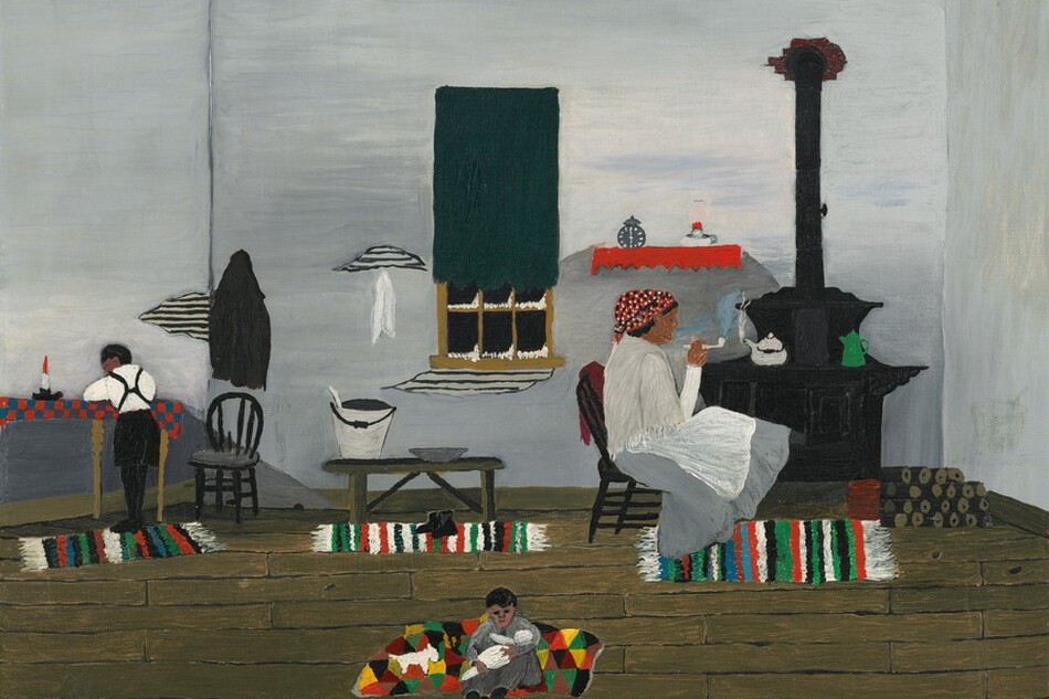 Painted with small areas of mostly flat color, this horizontal painting shows three brown-skinned people in the room of a home with pale gray walls and wood floors. To our right, a woman wears slate-gray skirt, a white apron and shawl, and a red headscarf with black and white polka dots. She sits in a black wooden chair facing our right in profile, smoking a pipe. A steaming kettle and bright green coffee pot sit on a black wood stove behind and to the right of the woman, with firewood stacked to the right. A clock or timer and an oil lamp sit on a red shelf above the stove and the woman’s head. Beneath her feet is one of three rectangular area rugs with a pattern of green, black, white, and red stripes. A window at the center of the back wall of the room is mostly covered by a dark green curtain. The panes along the bottom are black and lined with white, suggesting snow or frost. A bucket and pewter-colored, shallow bowl sit on a bench on the second striped rug under the window. To our left, a small person standing on the third patterned rug wears short black pants, stockings, and suspenders over a white shirt. That person turns away from us and rests elbows near a lit candle on a table with a red and gray checkered tablecloth. The third person, possibly a young girl, sits on a blanket or a fourth rug patterned with yellow, red, black, and green triangles. That young girl wears a gray dress and black shoes. She cradles a baby doll, and a white dog, perhaps a stuffed animal, sits next to her. A few cracks in the wall near the window expose horizontal bands, perhaps narrow wooden boards under damaged plaster. The artist signed the work with black letters in the lower right corner: “H. PiPPiN.”
