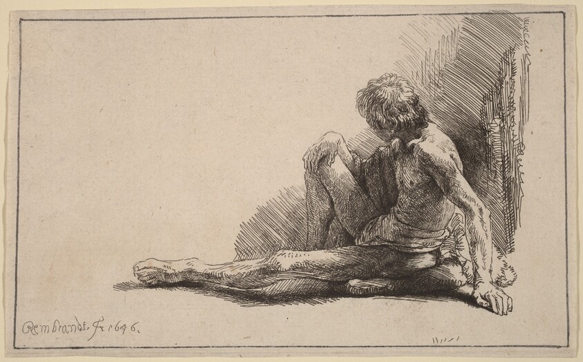 Nude Man Seated on the Ground with One Leg Extended