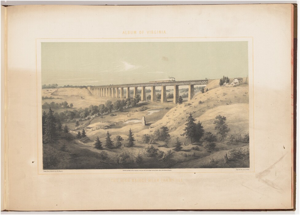 The image depicts a panoramic view of a rural landscape from an elevated vantage point. A bridge with a steam engine and train cars crosses from left to right. The horizon line is near the top, partially obscured by rising terrain. The painting has a serene quality with soft brushstrokes and a color palette of muted earth tones and a washed-out blue sky. Hills with trees and a farmhouse in the foreground transition to open land with distant trees and fields beyond the bridge.