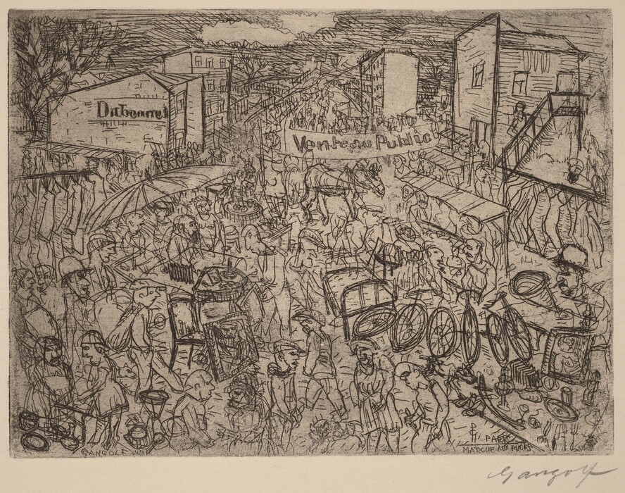 This is a drawing of a crowded market. The image shows various stalls with different goods for sale, including clothing, wheels, and framed pictures. The scene is set in a busy urban street, with buildings in the background. A sign in French reads "Vente au Public," indicating a public sale. The drawing is done in a sketch-like style, with detailed linework portraying the vibrant and bustling atmosphere of a marketplace.