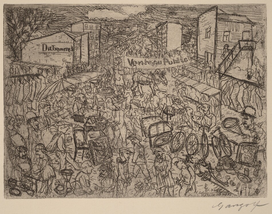 This is a drawing of a crowded market. The image shows various stalls with different goods for sale, including clothing, wheels, and framed pictures. The scene is set in a busy urban street, with buildings in the background. A sign in French reads "Vente au Public," indicating a public sale. The drawing is done in a sketch-like style, with detailed linework portraying the vibrant and bustling atmosphere of a marketplace.