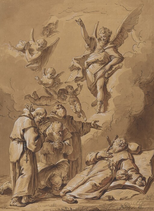 This is a painting of angelic and monastic figures. The artwork features winged cherubs or angels amidst clouds, with one prominent angel positioned in the center pointing upwards. Below, several monastic figures, clad in robes, are gathered in various postures. One figure is reclined, with a book and other religious symbols close by. The overall composition is imbued with sacred elements, using light and shadow to create depth and focus. This is in the style of Giovanni Battista Tiepolo.