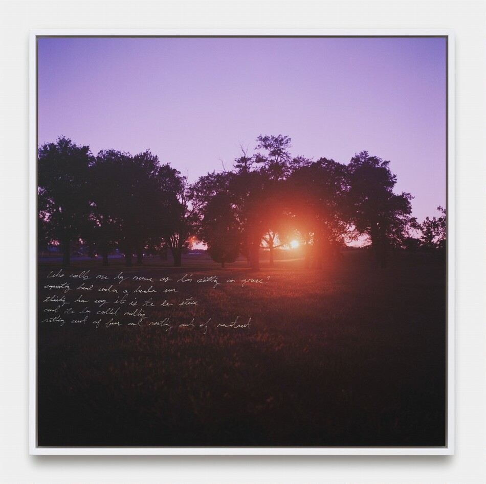 This photograph shows a view of the horizon during sunset or sunrise, with the sun casting a warm reddish-orange glow behind a dark line of silhouetted trees. The horizon is in the center, with a pale purple sky above the dark ground. Closer to us appears to be a grassy field partially lit by the sun's light. On the left, white, handwritten text is visible over the grass.