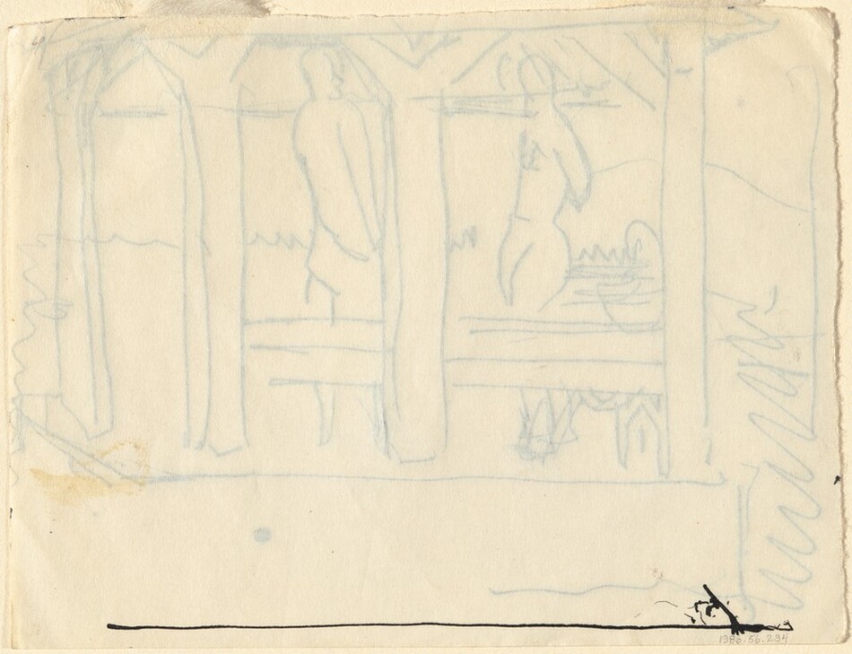 This is a drawing of an abstract scene with figures and a structure. The drawing is composed of light blue lines on a cream-colored sheet. It portrays two abstract, vertical forms that resemble figures, standing amidst a series of elongated, vertical shapes. The figures appear to be within a framework, which features undefined, angled roofing lines. The background contains wavy lines. Elements within the composition are loosely sketched, capturing the essence of a scene with minimal detailing. The lower portion of the drawing has a thick black horizontal line.