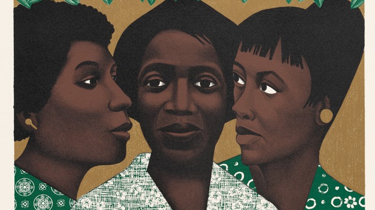 Three women's faces standing side-by-side. The two on either side are face each other and the middle one is facing straight ahead.